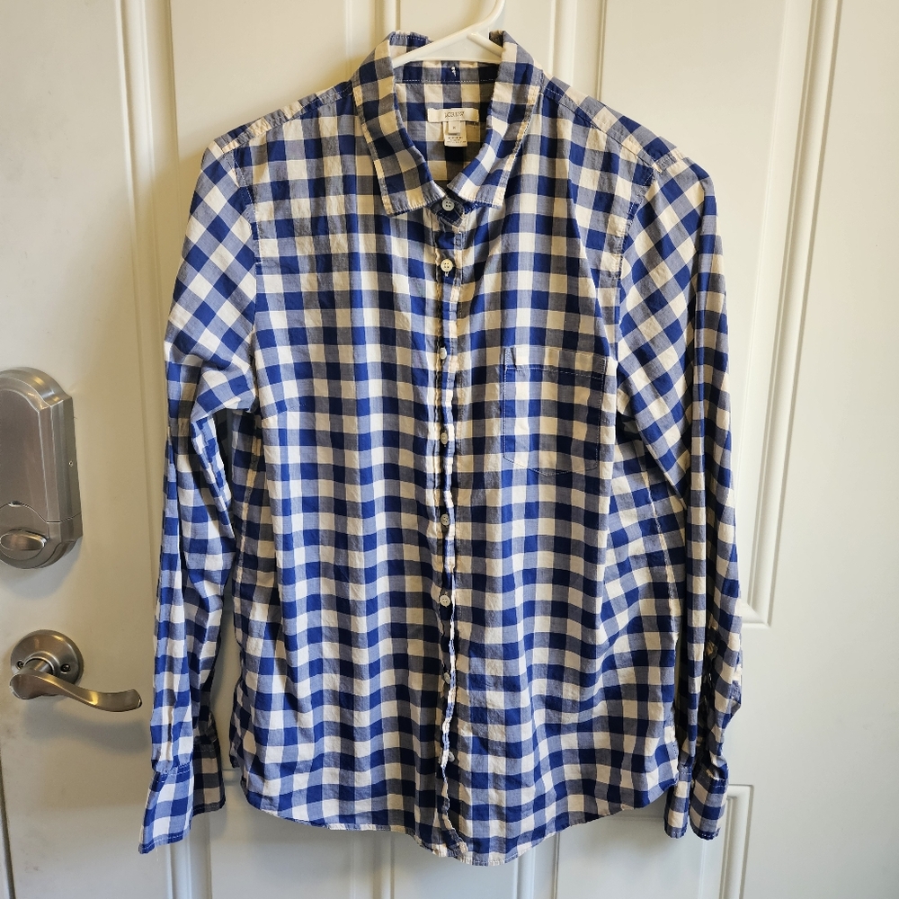 Blue check button up